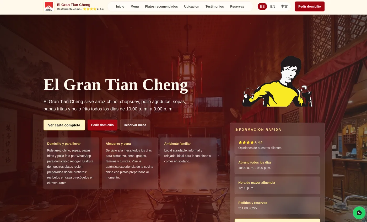 Página informativa de El Gran Tian Cheng con portada del restaurante, menú y pedidos